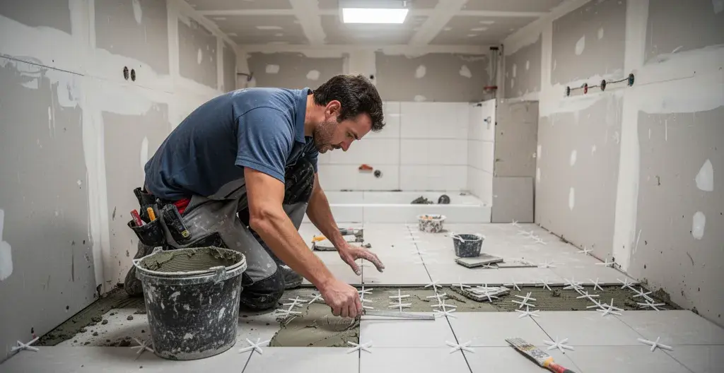 Artisan carreleur posant du carrelage dans une salle de bain en rénovation, chantier en cours