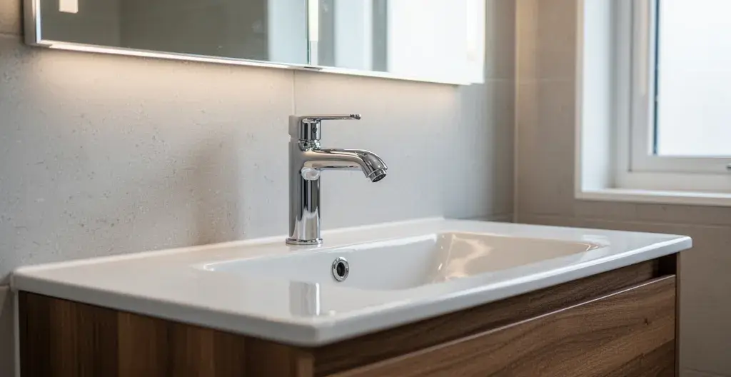 Détail robinetterie chromée et vasque blanche moderne, équipements salle de bain rénovée