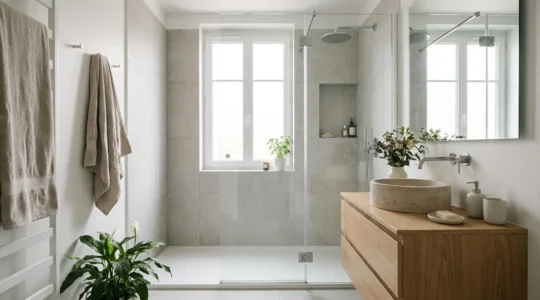 Salle de bain rénovée avec douche italienne et carrelage contemporain, exemple rénovation complète
