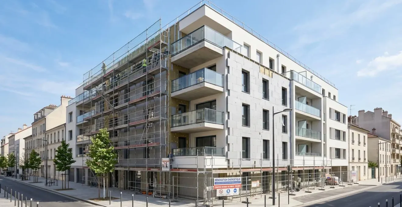 Immeuble de copropriété en cours de rénovation énergétique avec échafaudages et isolation extérieure visible en milieu urbain français