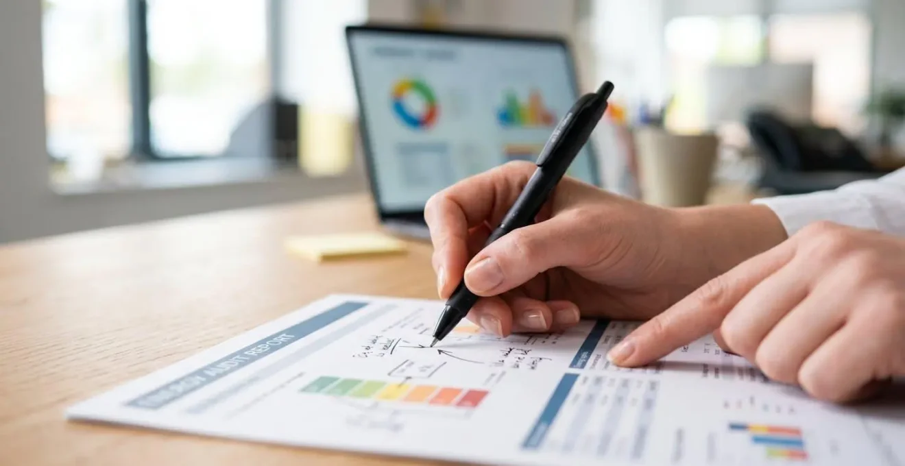Gros plan sur des mains professionnelles annotant un document d'audit énergétique avec un stylo sur un bureau moderne