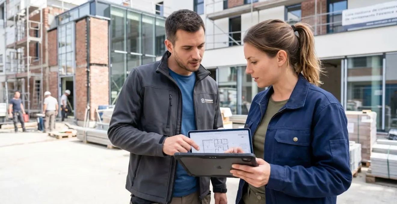 Deux professionnels du bâtiment analysent des plans de rénovation énergétique sur une tablette devant un immeuble en cours de travaux