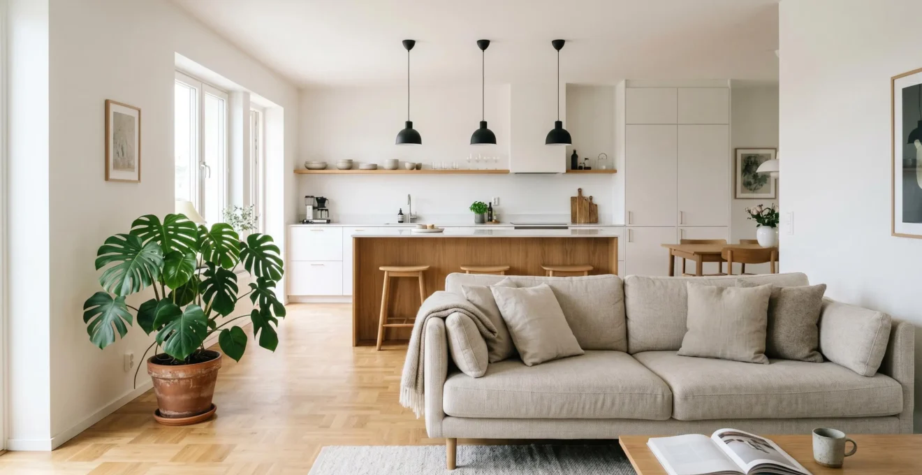 Intérieur moderne d'un salon-cuisine ouvert rénové, avec parquet bois clair, cuisine épurée au fond, canapé beige et plante verte au premier plan, baigné de lumière naturelle.
