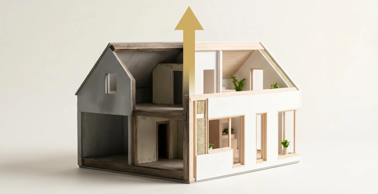 Maquette architecturale d'une maison divisée en deux : à gauche, intérieur ancien non isolé et sombre