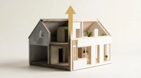 Maquette architecturale d'une maison divisée en deux : à gauche, intérieur ancien non isolé et sombre