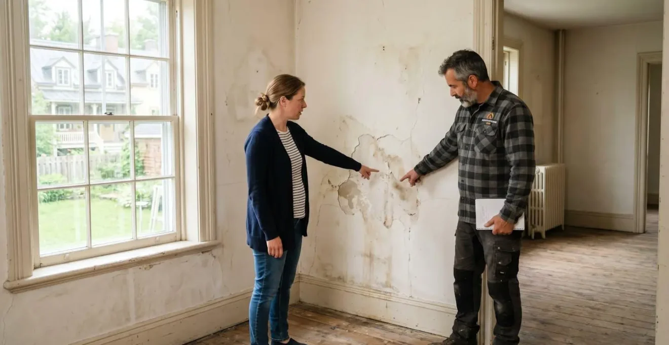 Propriétaire et entrepreneur en rénovation discutant des priorités de travaux à l'intérieur d'une maison lors d'une évaluation