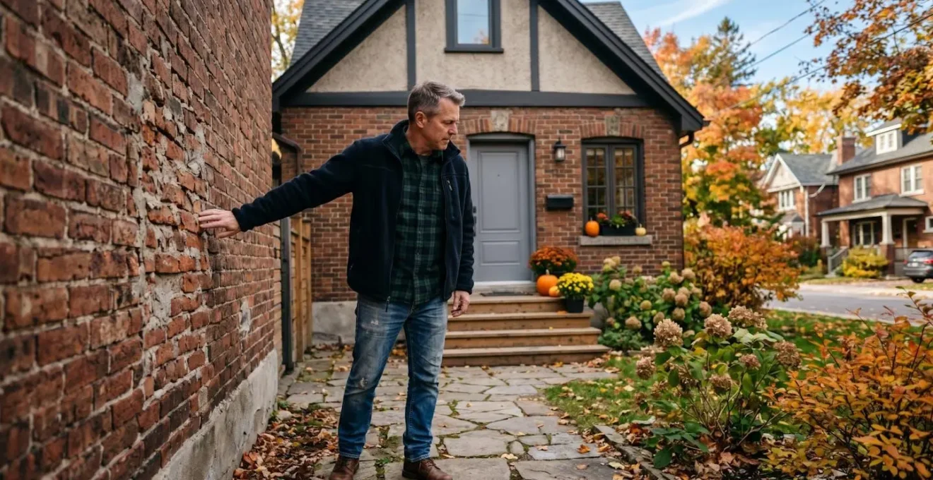 Propriétaire inspectant la façade de sa maison pour détecter des signes d'usure et évaluer les besoins en rénovation