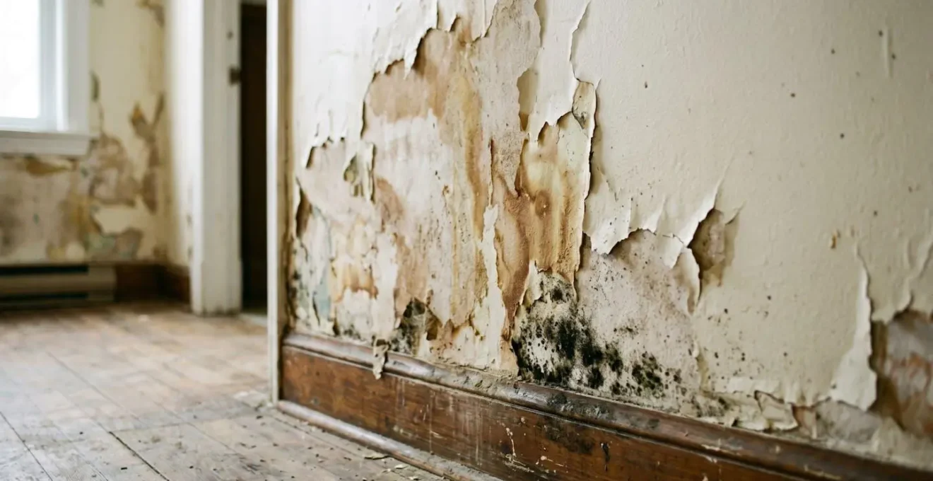 Taches d'humidité et infiltration d'eau visibles sur un mur intérieur indicating an urgent renovation need
