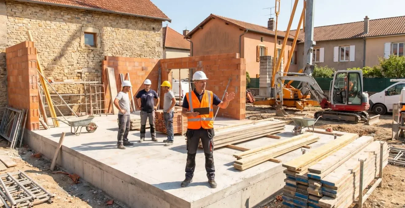 Chef de chantier coordonnant les travaux d'extension d'une maison, supervisant plusieurs corps de métier sur le site