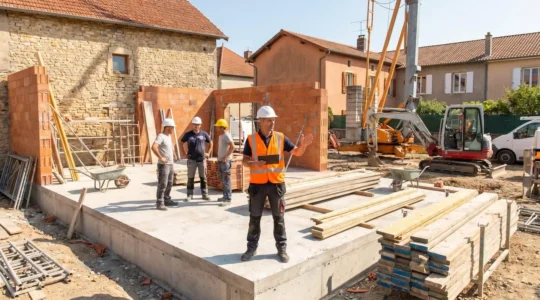 Chef de chantier coordonnant les travaux d'extension d'une maison, supervisant plusieurs corps de métier sur le site