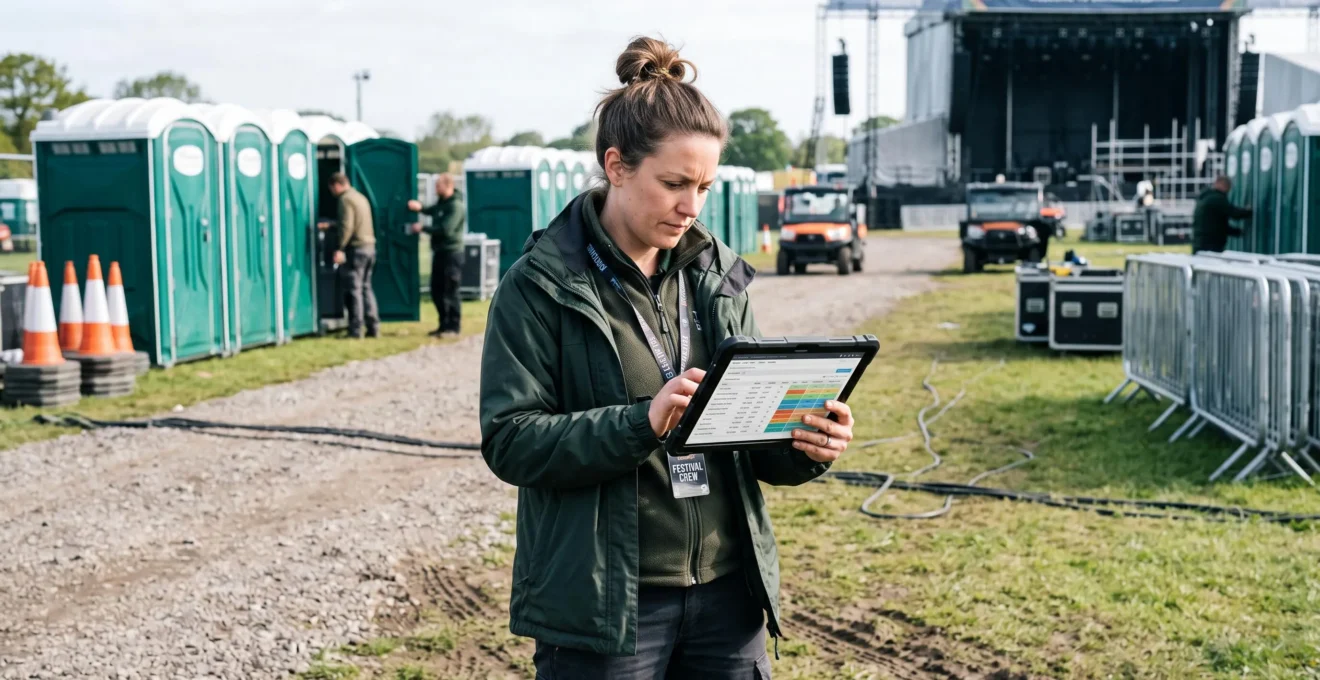 Organisatrice d'événement consultant une tablette de planification avec installations sanitaires temporaires en arrière-plan