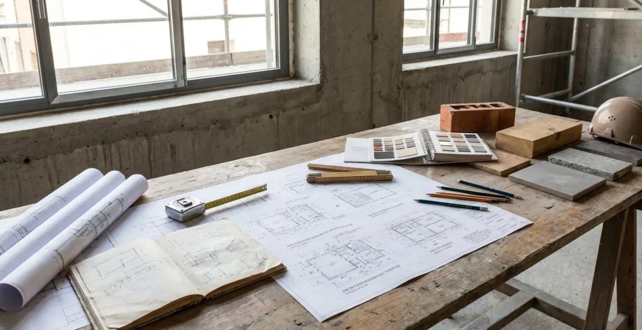 Plans d'extension et échantillons de matériaux disposés sur une table de travail de chantier