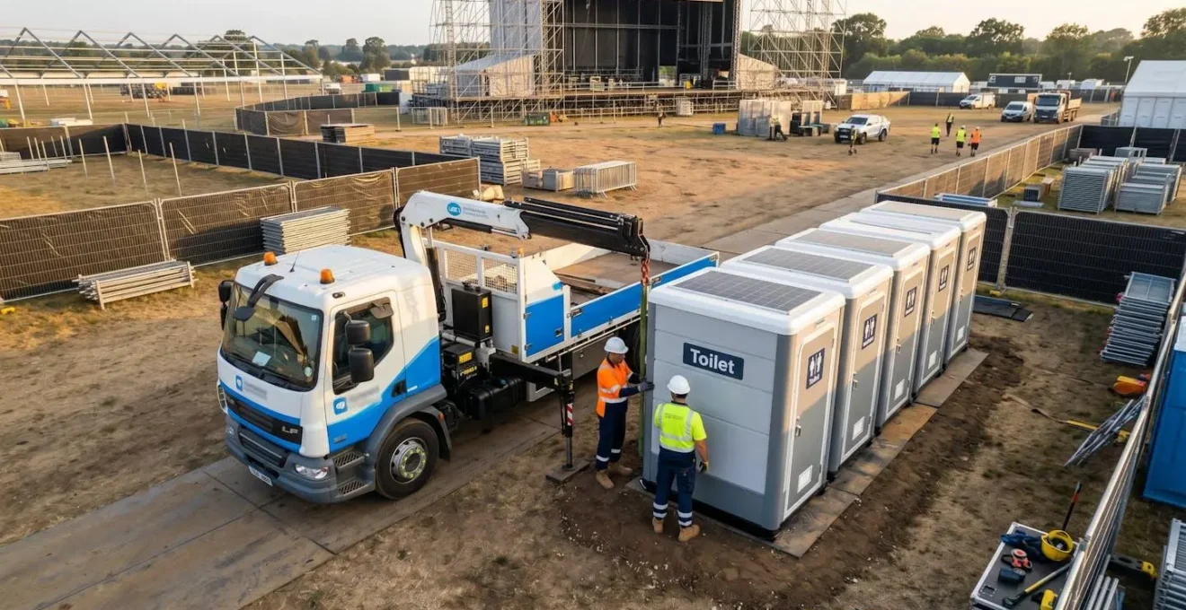 Technicien installant des toilettes autonomes sur un site de festival avec camion de service et équipements de levage
