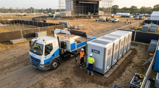 Technicien installant des toilettes autonomes sur un site de festival avec camion de service et équipements de levage