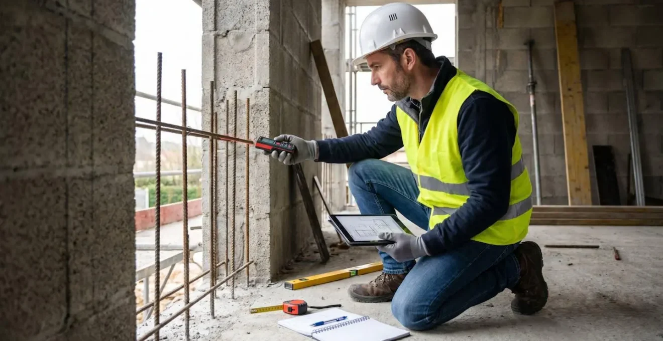 Technicien qualifié inspectant la structure d'une extension de maison avec ses outils de contrôle