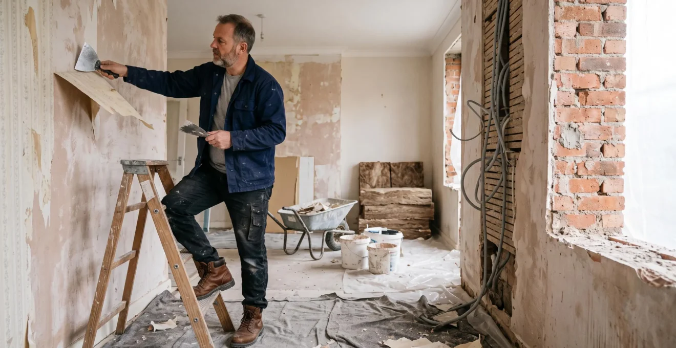 Un artisan retire du vieux papier peint dans une maison en pleine rénovation, entre conduits électriques apparents et panneaux d'isolation.