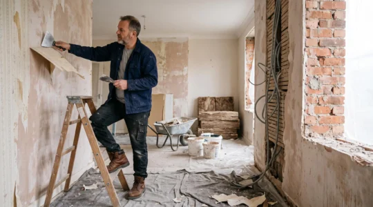 Un artisan retire du vieux papier peint dans une maison en pleine rénovation, entre conduits électriques apparents et panneaux d'isolation.