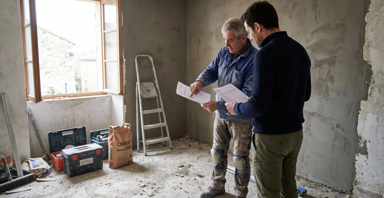 Un maçon et un propriétaire comparent deux devis sur papier dans une pièce en cours de rénovation.