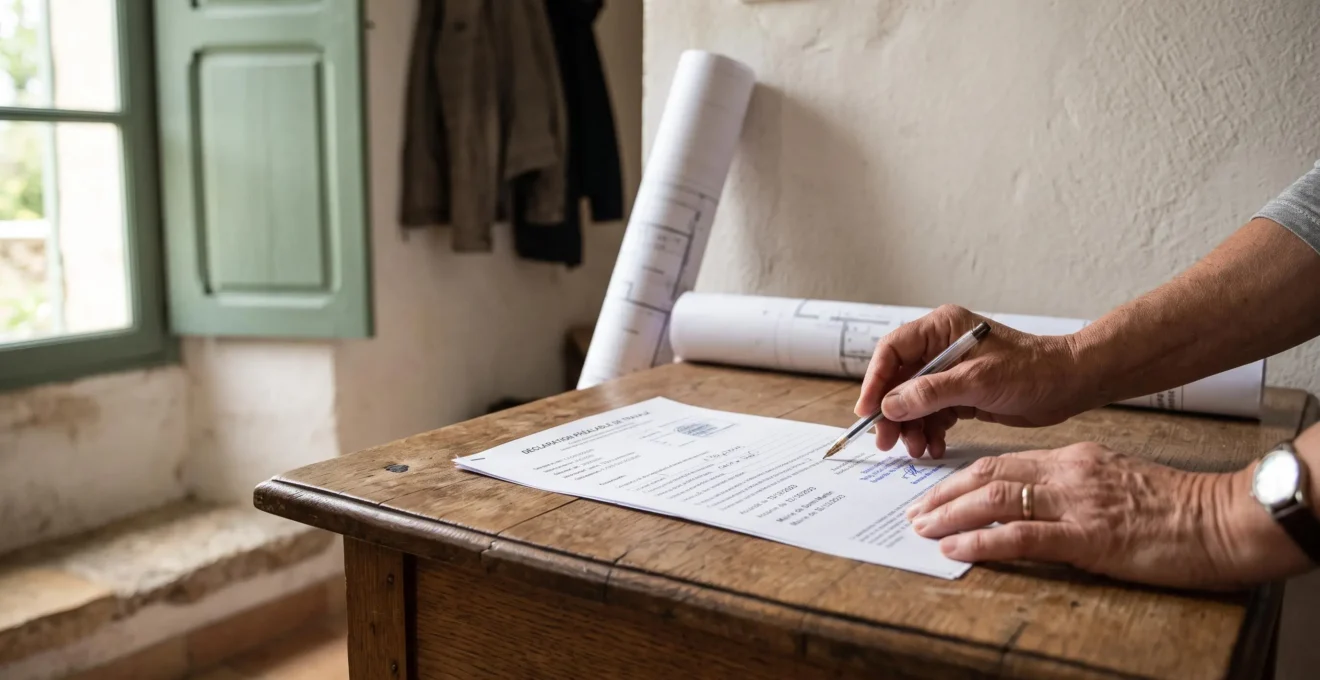 Des mains tiennent un formulaire de déclaration de travaux posé sur une table en bois devant une fenêtre à volets.