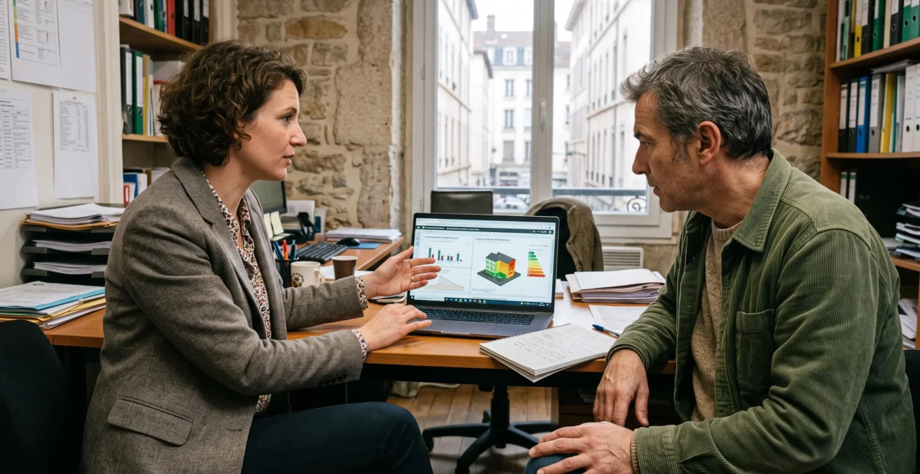 Un conseiller explique un écran de simulation à un propriétaire dans un petit bureau.