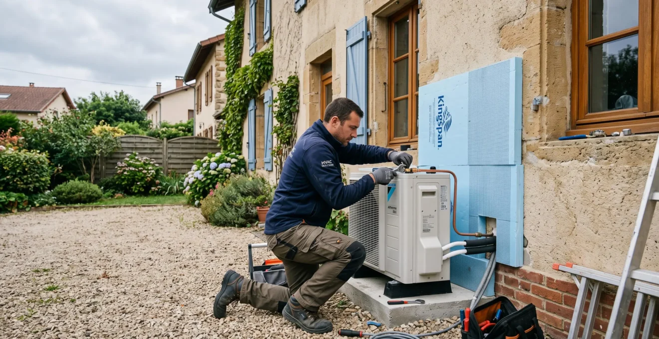 Un installateur fixe une pompe à chaleur sur la façade d'une maison en rénovation énergétique.