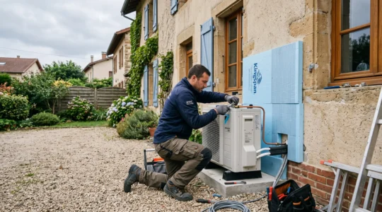 Un installateur fixe une pompe à chaleur sur la façade d'une maison en rénovation énergétique.