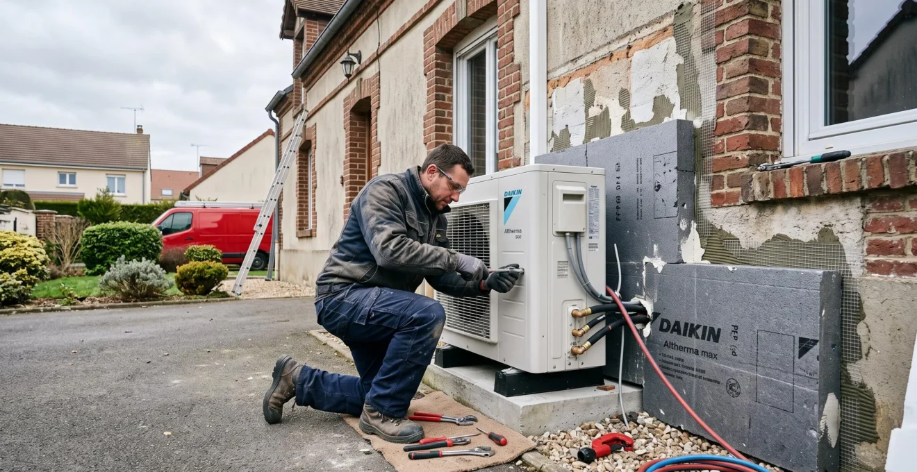 Un installateur fixe une pompe à chaleur sur la façade d'une maison en rénovation énergétique.