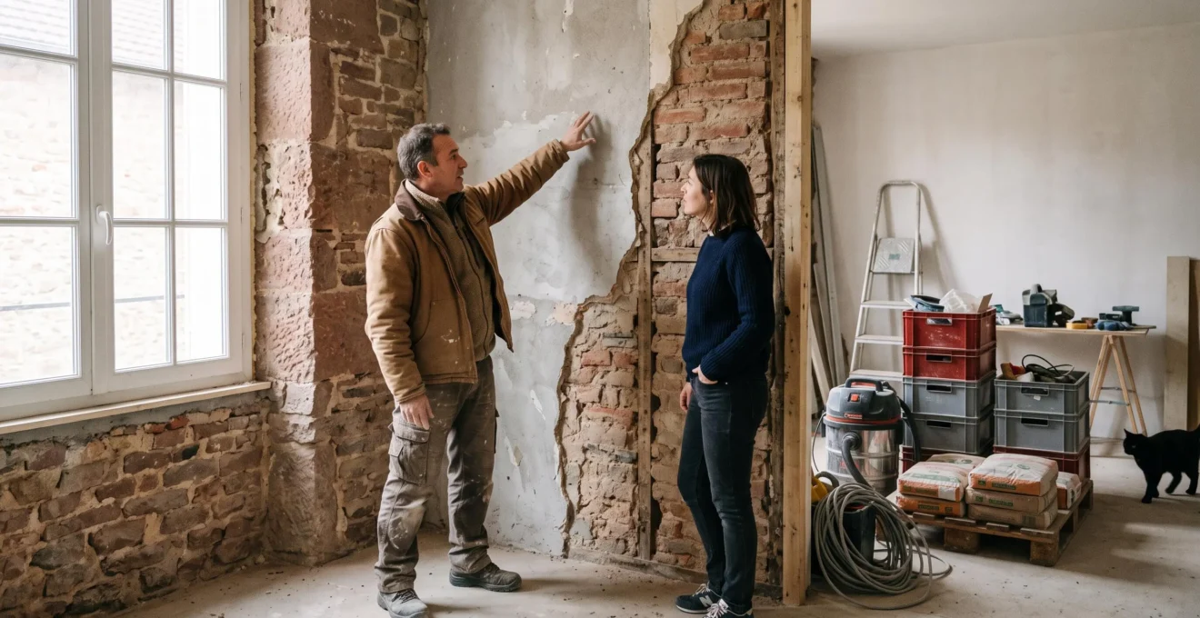 Un maître d'œuvre explique l'avancement du chantier à un propriétaire dans une maison en rénovation.
