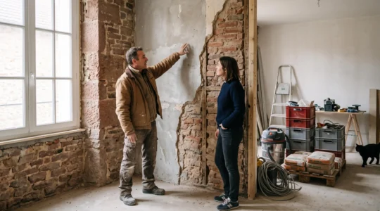 Un maître d'œuvre explique l'avancement du chantier à un propriétaire dans une maison en rénovation.