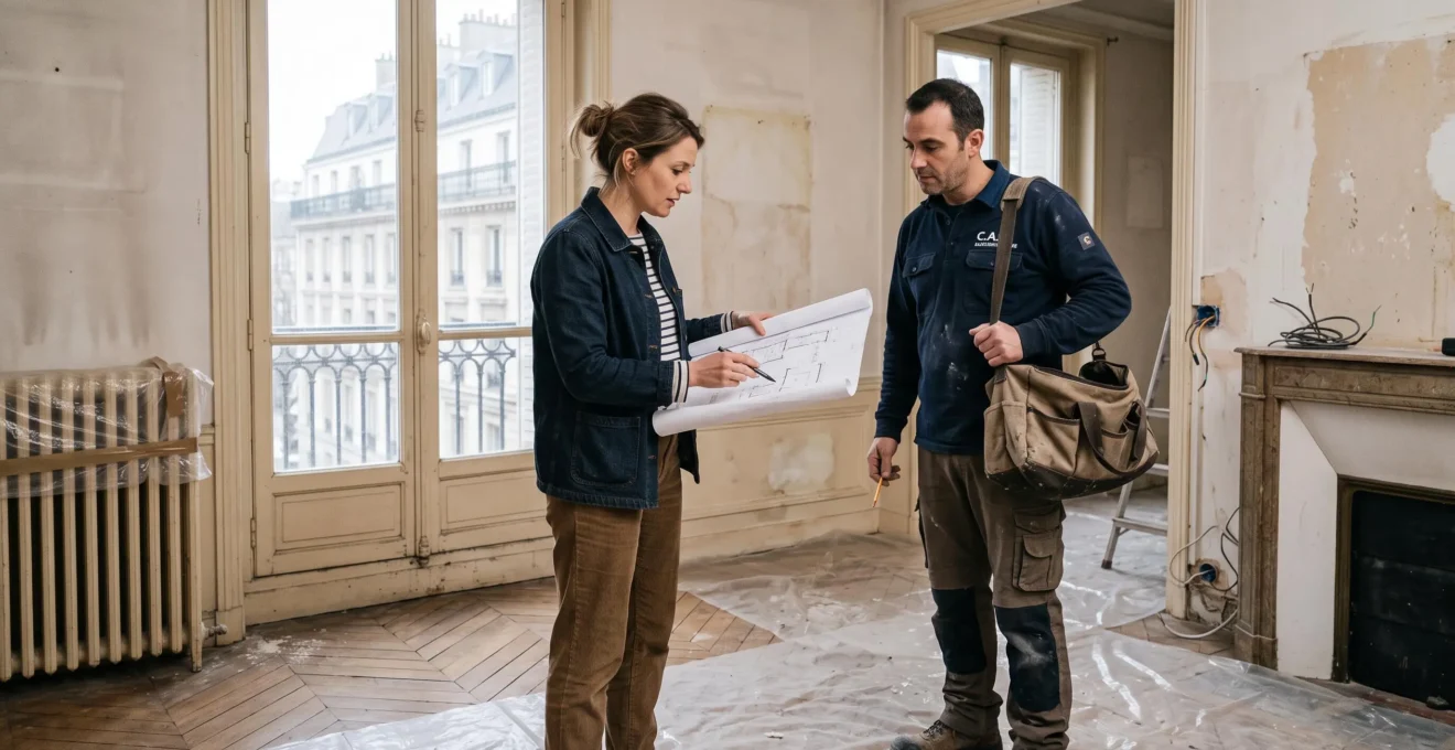 Une propriétaire échange avec un artisan venu évaluer des travaux dans son salon en rénovation.