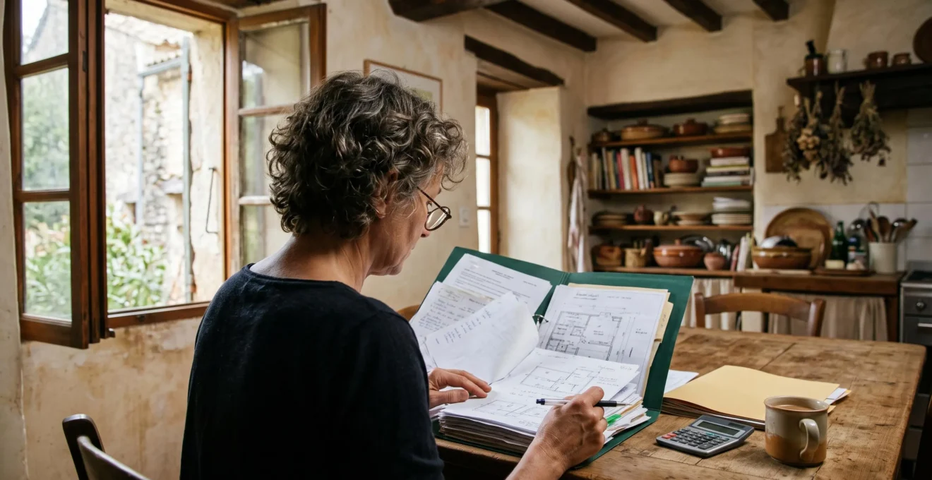 Un propriétaire examine un dossier de papiers de rénovation posé sur une table de cuisine.