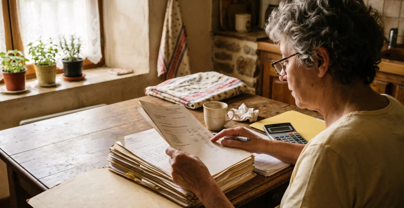 Un propriétaire examine un dossier de papiers de rénovation posé sur une table de cuisine.
