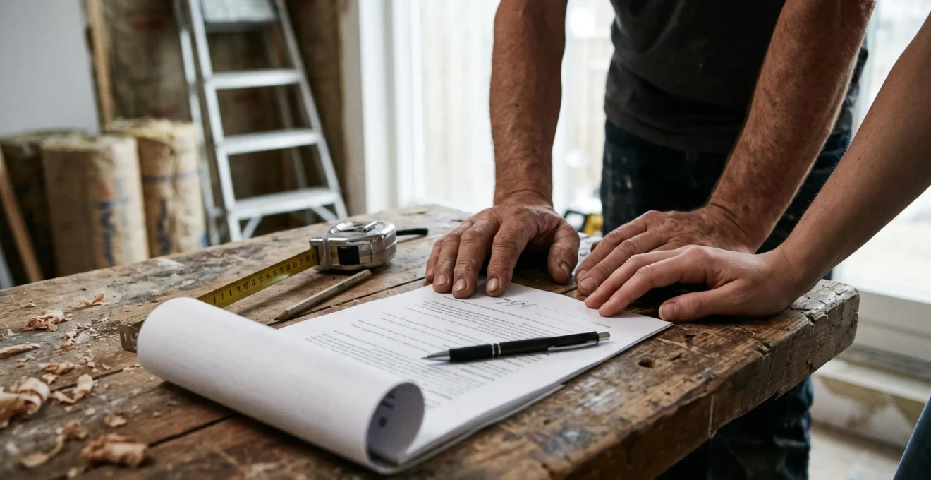 Un artisan et un propriétaire relisent un devis de travaux posé sur un plan de travail.
