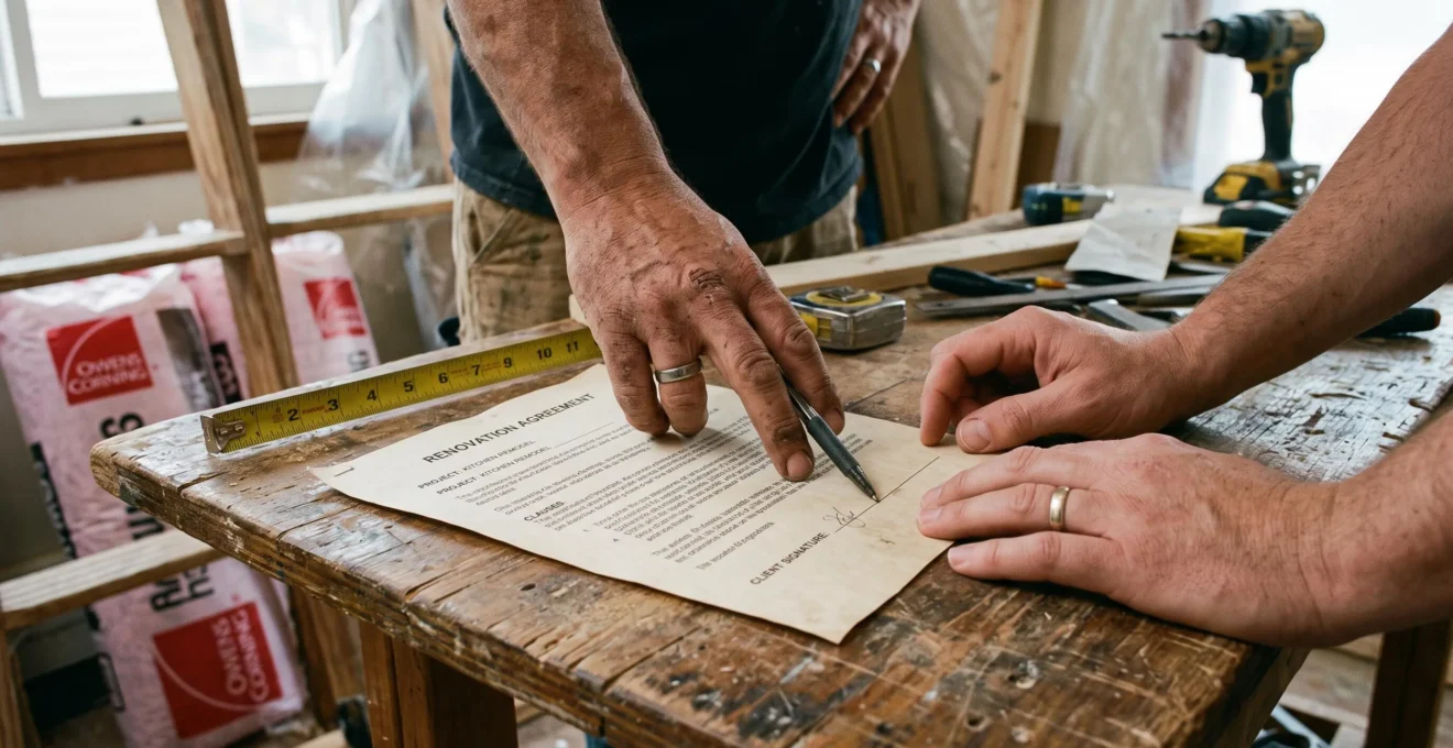 Un artisan et un propriétaire relisent un devis de travaux posé sur un plan de travail.