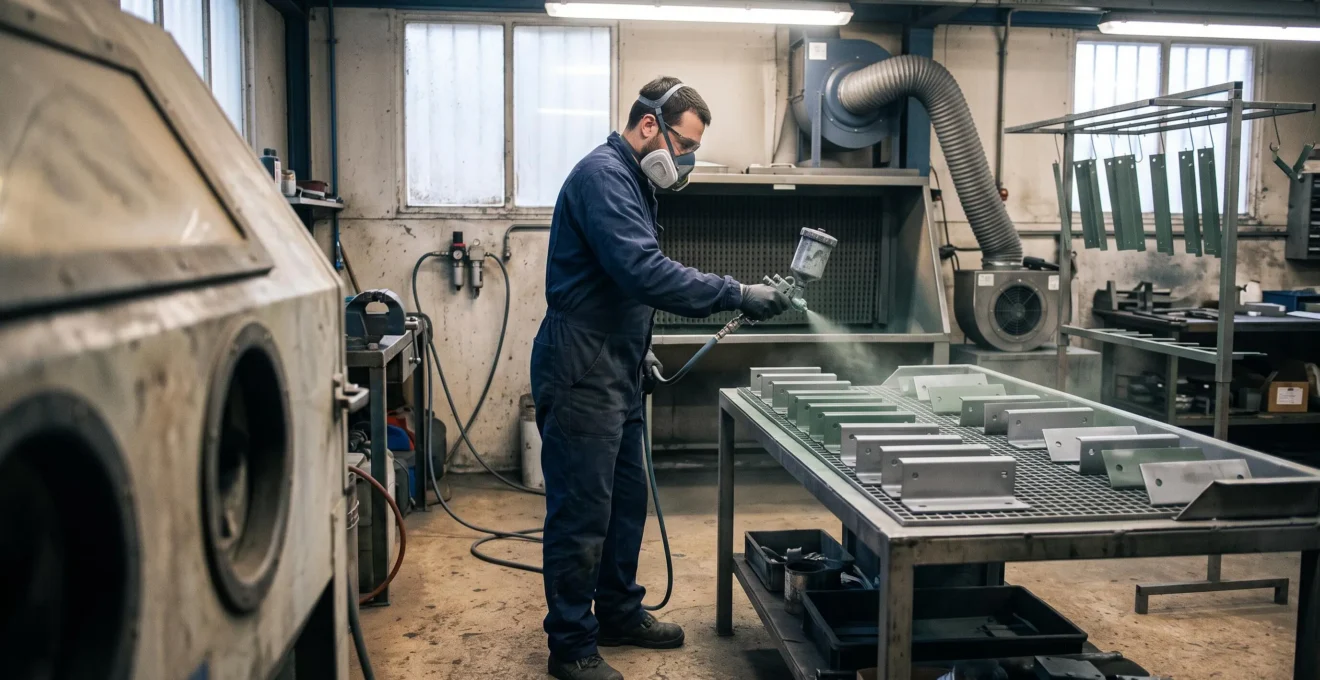 Un technicien applique une protection anticorrosion au pistolet sur des pièces métalliques fraîchement sablées dans un atelier.