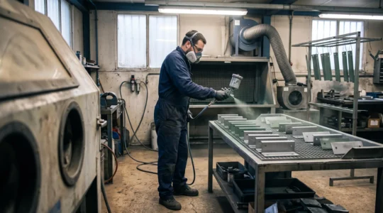 Un technicien applique une protection anticorrosion au pistolet sur des pièces métalliques fraîchement sablées dans un atelier.